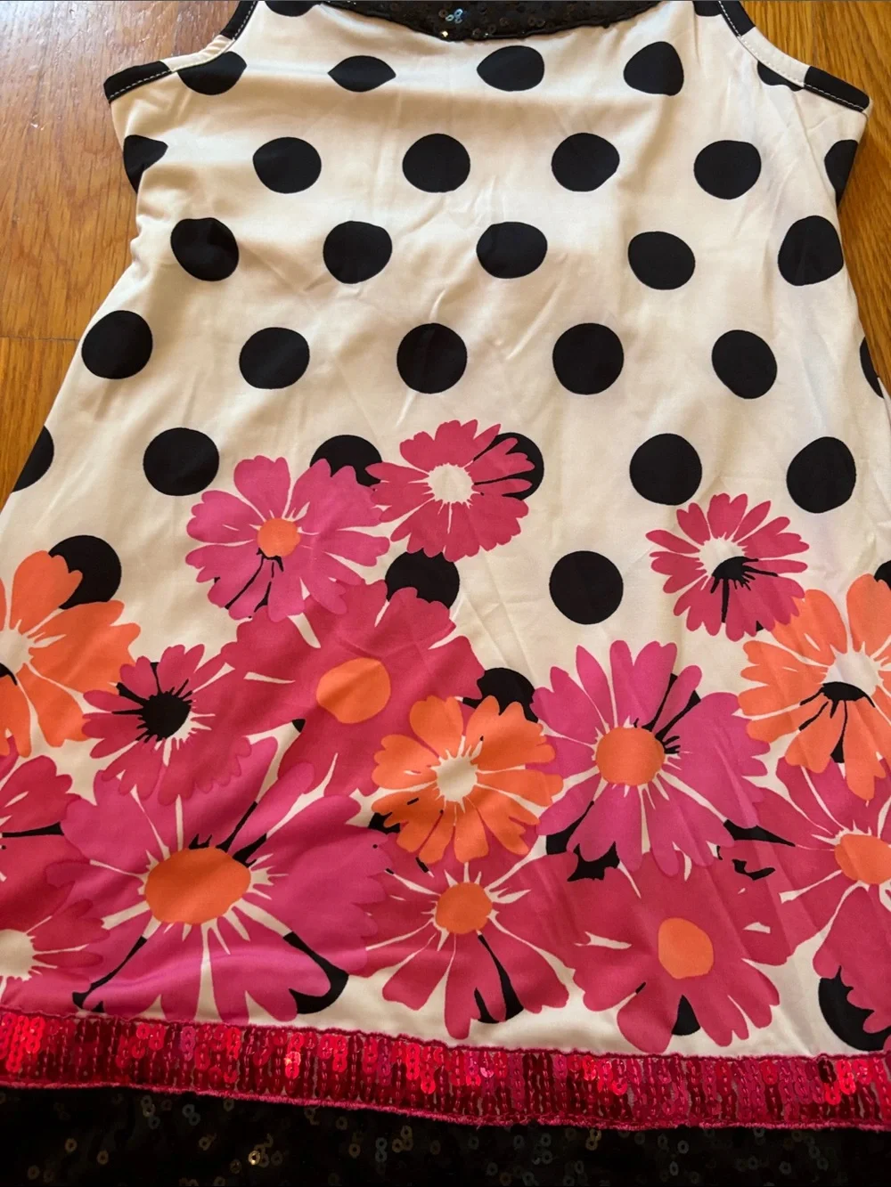Justice White Polka Dot Dress with Black Sequin Yoke and Pink-Orange Flowers